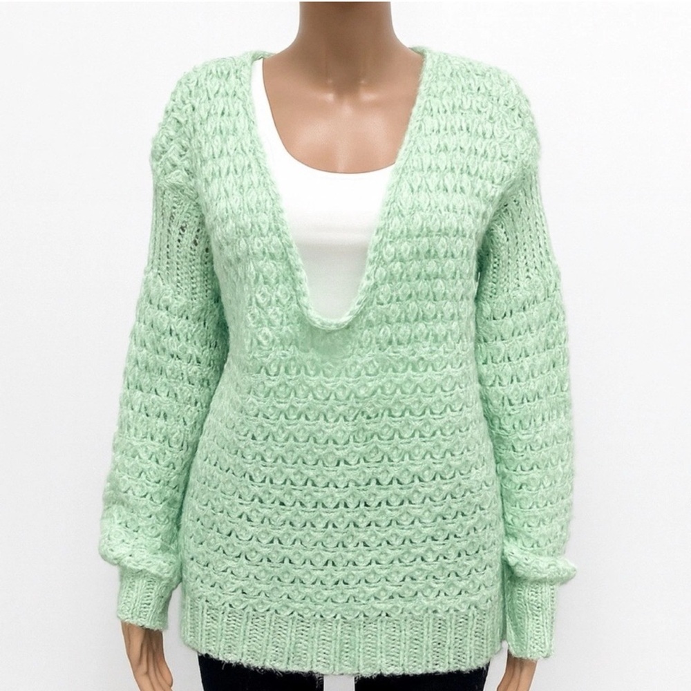 Free People Mint Green Open Knit Sweater XS Oversized Slouchy Boho Pullover